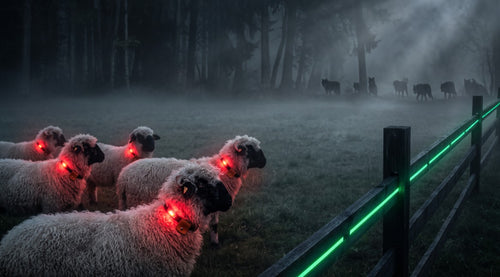Casa Massafra Perimetro Continuo — Aktieve groene perimeter-omheining met rode LED-halsbanden bij wolfsdreiging in de nacht